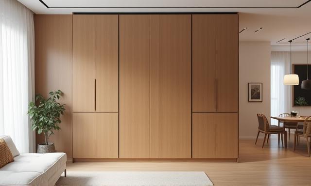 A sleek, custom-built wooden cabinet integrated seamlessly into a modern interior design.