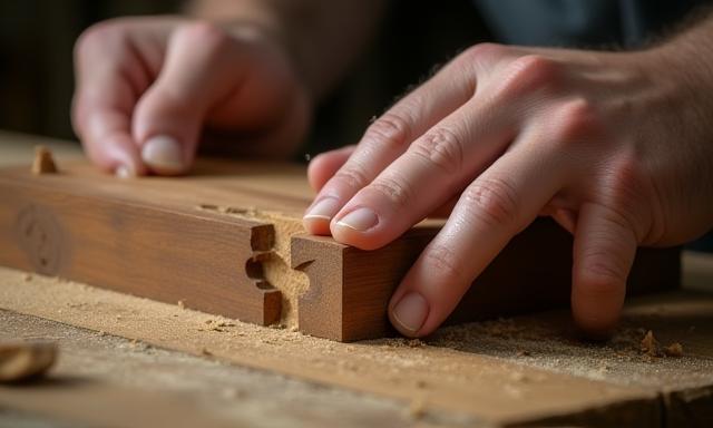 A master craftsman precisely fitting a traditional wooden joint (e.g., dovetail or mortise and tenon) by hand.